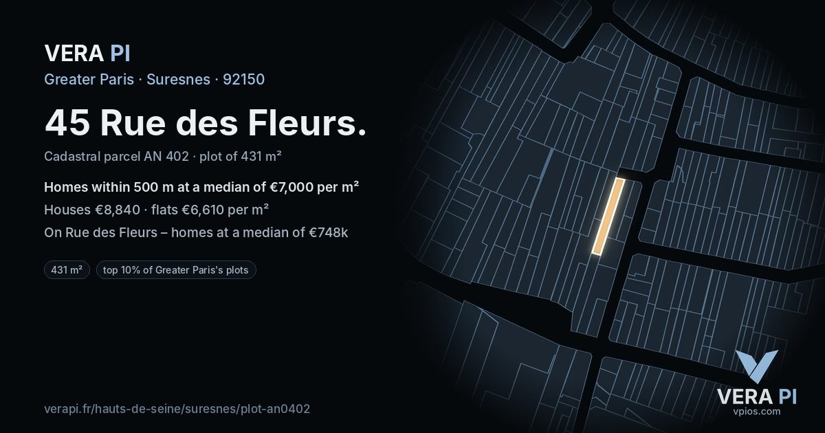 45 Rue des Fleurs, Suresnes at night – the plot lit, the parcels around coloured by the prices near them