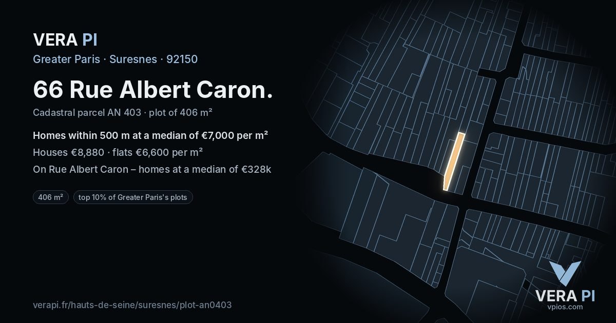 66 Rue Albert Caron, Suresnes at night – the plot lit, the parcels around coloured by the prices near them