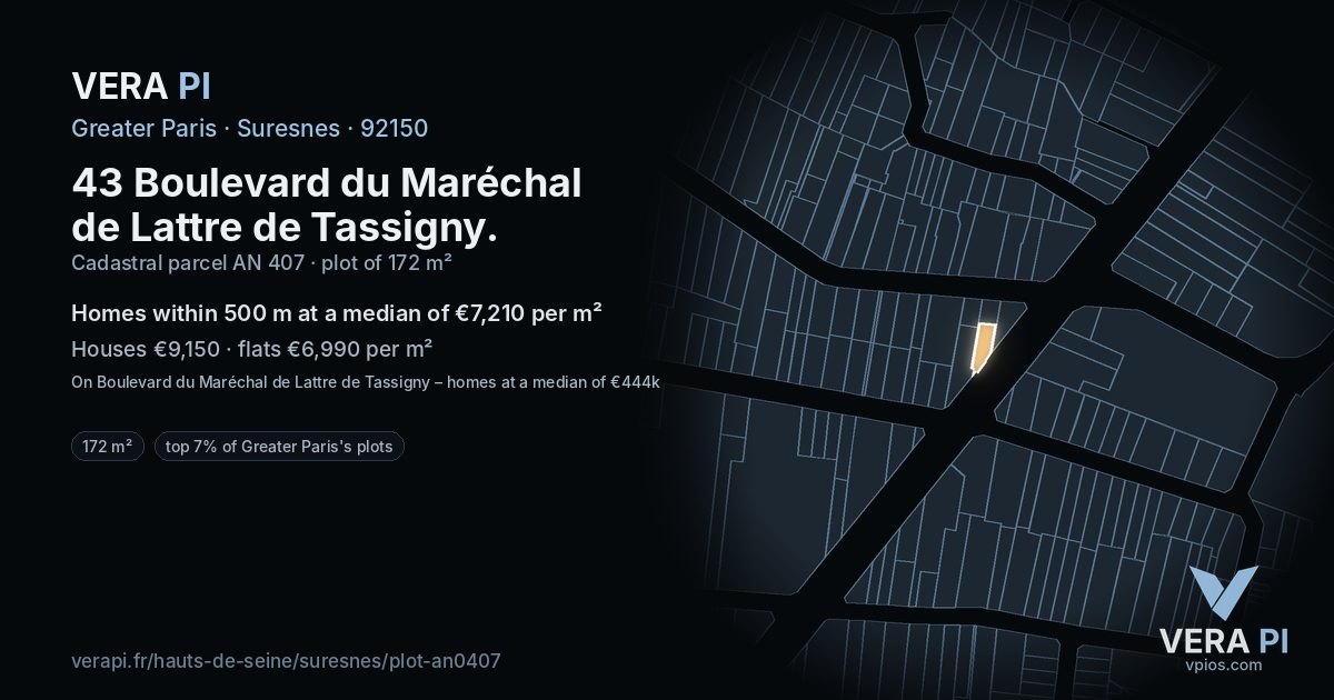 43 Boulevard du Maréchal de Lattre de Tassigny, Suresnes at night – the plot lit, the parcels around coloured by the prices near them