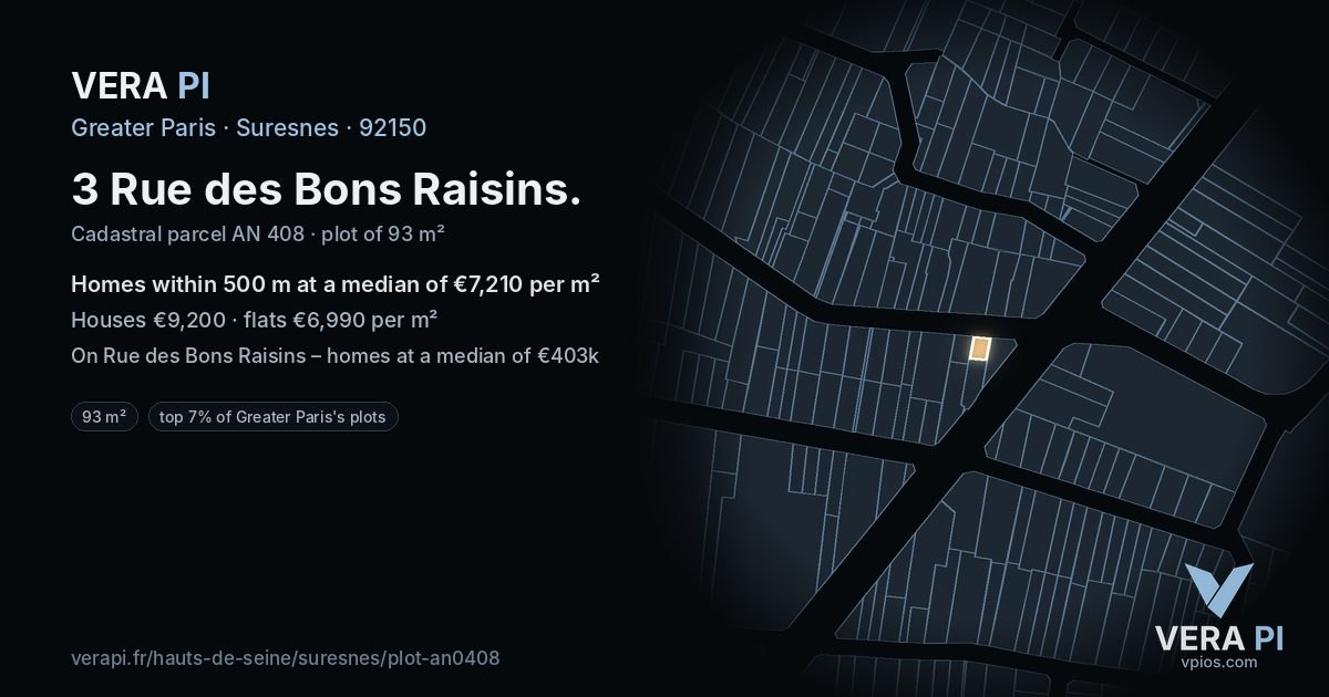 3 Rue des Bons Raisins, Suresnes at night – the plot lit, the parcels around coloured by the prices near them