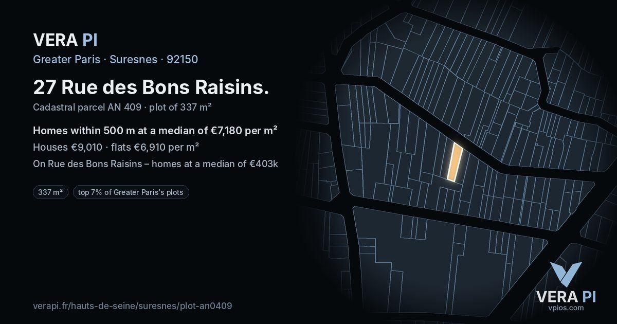 27 Rue des Bons Raisins, Suresnes at night – the plot lit, the parcels around coloured by the prices near them