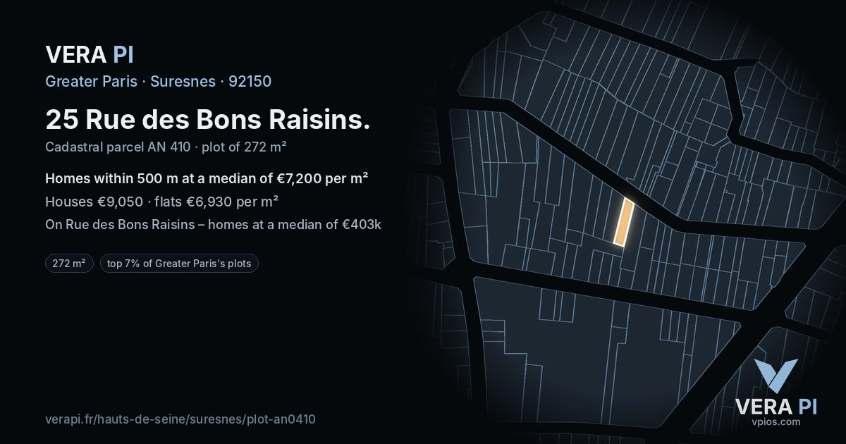 25 Rue des Bons Raisins, Suresnes at night – the plot lit, the parcels around coloured by the prices near them