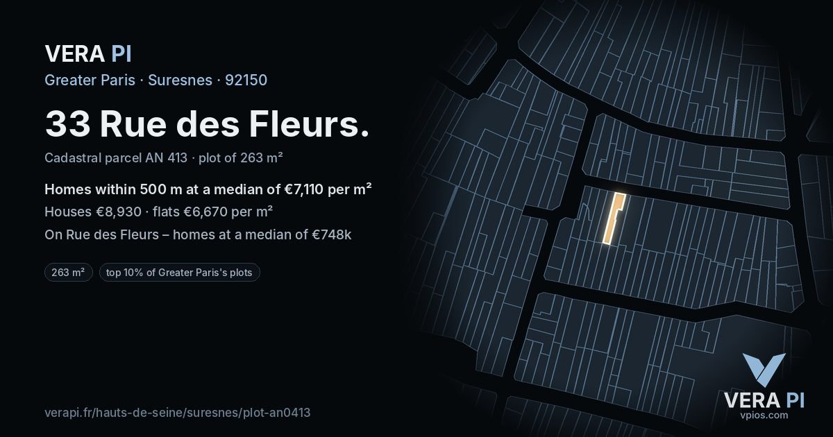 33 Rue des Fleurs, Suresnes at night – the plot lit, the parcels around coloured by the prices near them