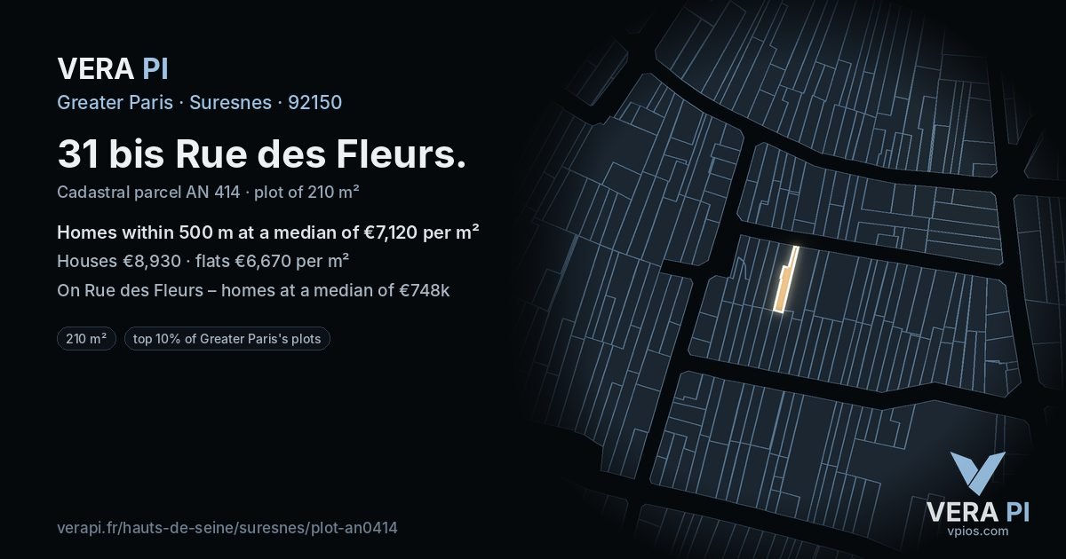 31 bis Rue des Fleurs, Suresnes at night – the plot lit, the parcels around coloured by the prices near them