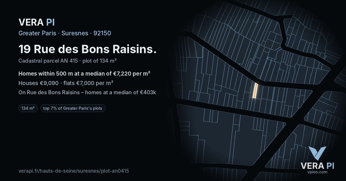 19 Rue des Bons Raisins, Suresnes at night – the plot lit, the parcels around coloured by the prices near them