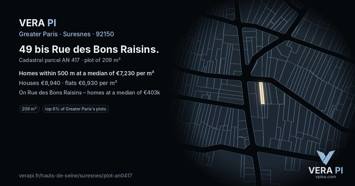 49 bis Rue des Bons Raisins, Suresnes at night – the plot lit, the parcels around coloured by the prices near them