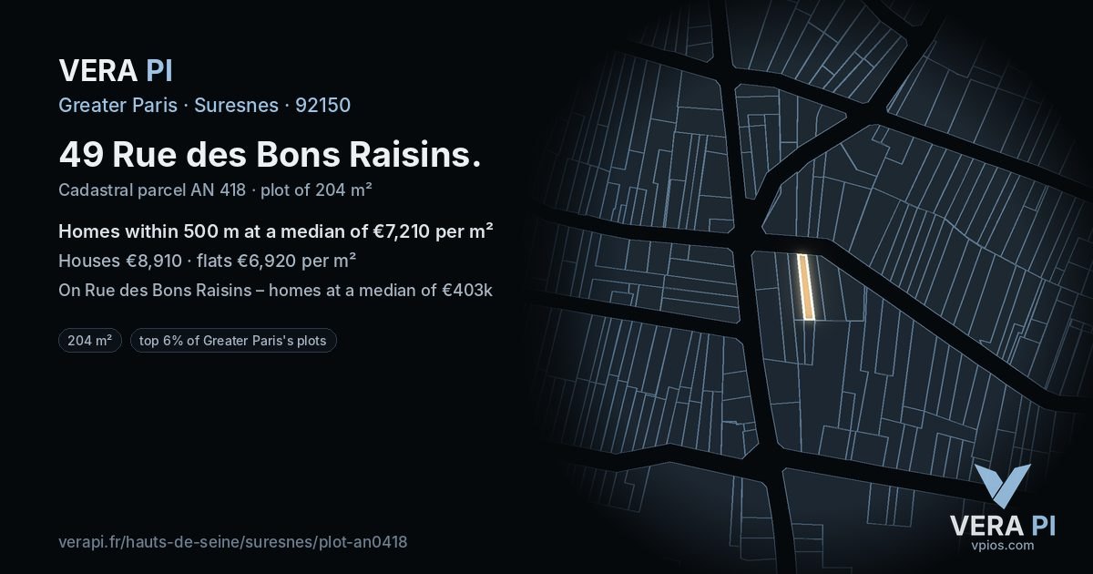 49 Rue des Bons Raisins, Suresnes at night – the plot lit, the parcels around coloured by the prices near them