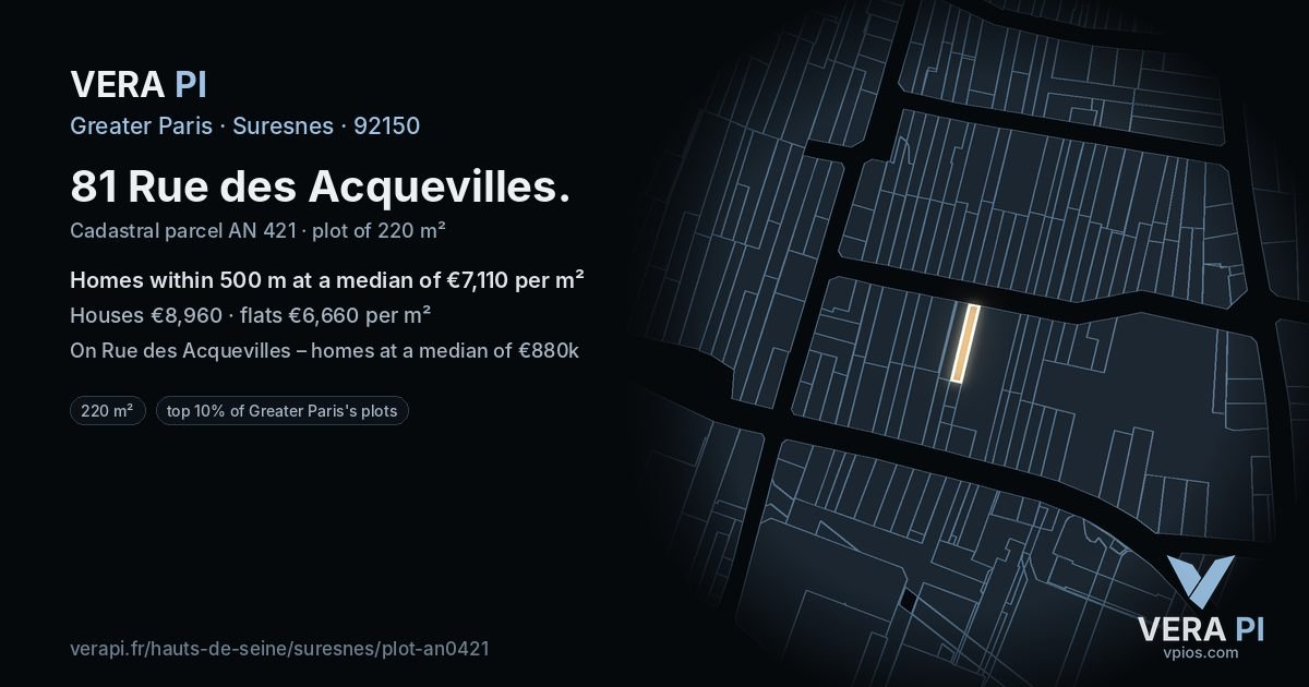 81 Rue des Acquevilles, Suresnes at night – the plot lit, the parcels around coloured by the prices near them
