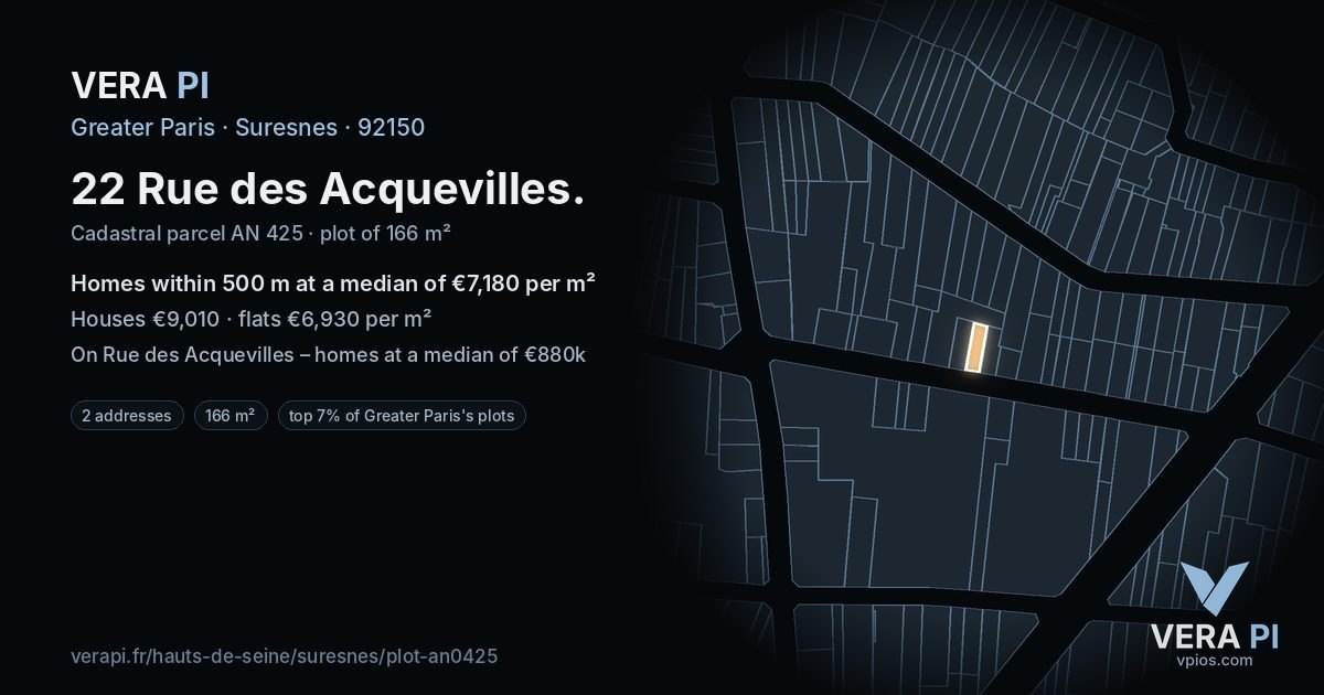 22 Rue des Acquevilles, Suresnes at night – the plot lit, the parcels around coloured by the prices near them