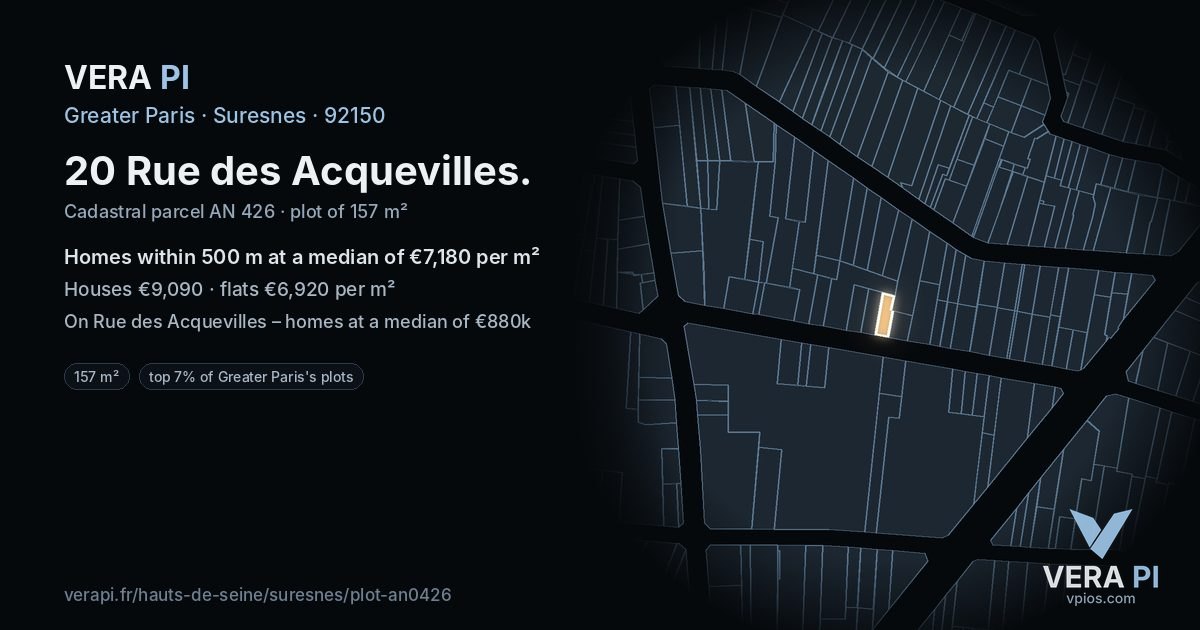 20 Rue des Acquevilles, Suresnes at night – the plot lit, the parcels around coloured by the prices near them