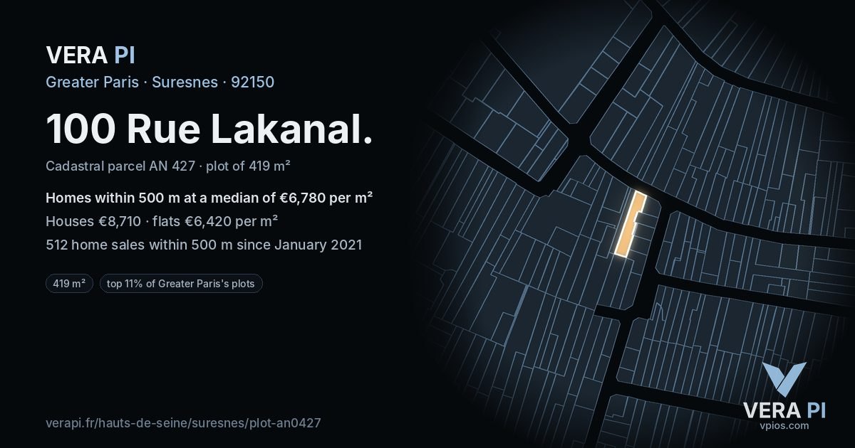 100 Rue Lakanal, Suresnes at night – the plot lit, the parcels around coloured by the prices near them