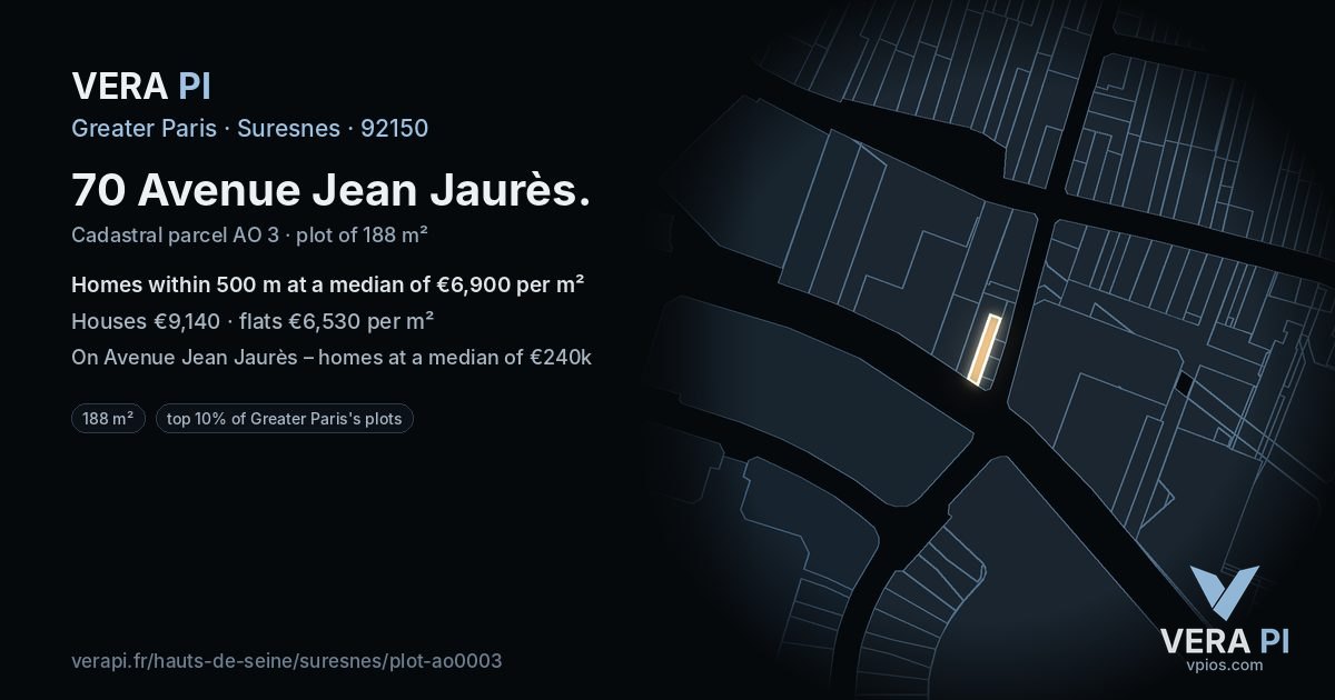 70 Avenue Jean Jaurès, Suresnes at night – the plot lit, the parcels around coloured by the prices near them