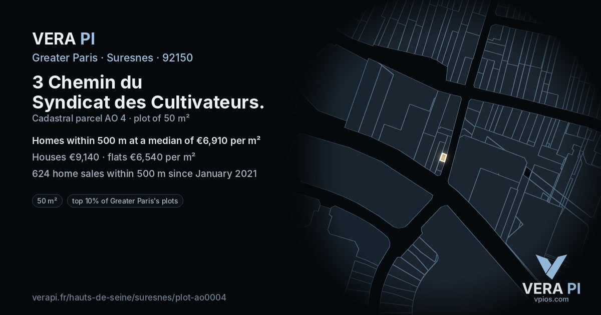 3 Chemin du Syndicat des Cultivateurs, Suresnes at night – the plot lit, the parcels around coloured by the prices near them
