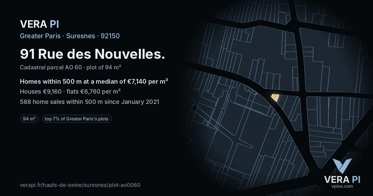91 Rue des Nouvelles, Suresnes at night – the plot lit, the parcels around coloured by the prices near them