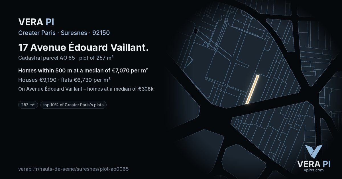 17 Avenue Édouard Vaillant, Suresnes at night – the plot lit, the parcels around coloured by the prices near them