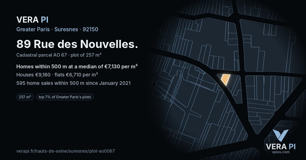 89 Rue des Nouvelles, Suresnes at night – the plot lit, the parcels around coloured by the prices near them