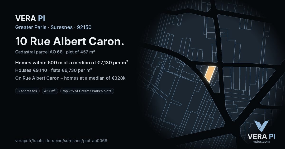 10 Rue Albert Caron, Suresnes at night – the plot lit, the parcels around coloured by the prices near them