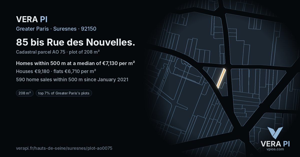 85 bis Rue des Nouvelles, Suresnes at night – the plot lit, the parcels around coloured by the prices near them