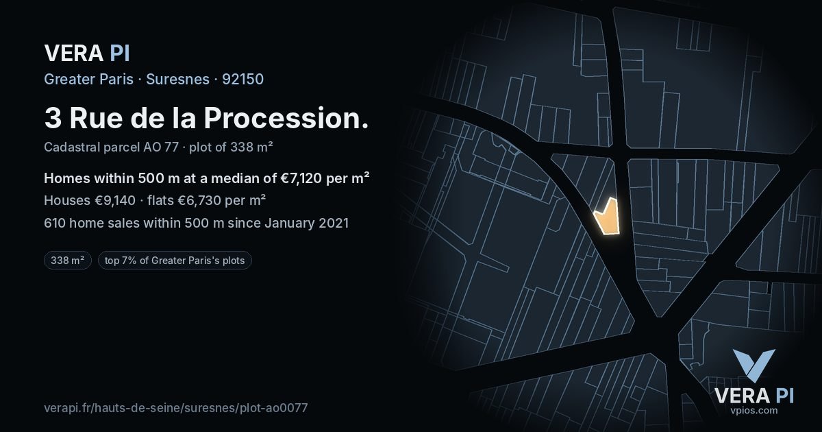 3 Rue de la Procession, Suresnes at night – the plot lit, the parcels around coloured by the prices near them