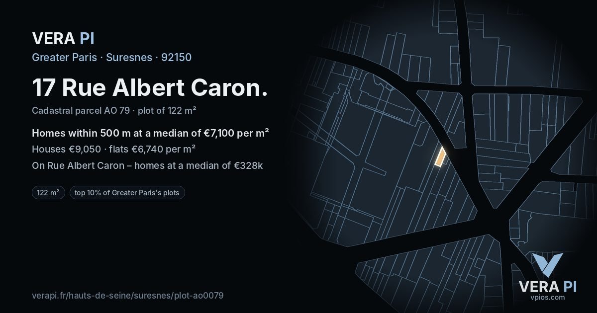 17 Rue Albert Caron, Suresnes at night – the plot lit, the parcels around coloured by the prices near them