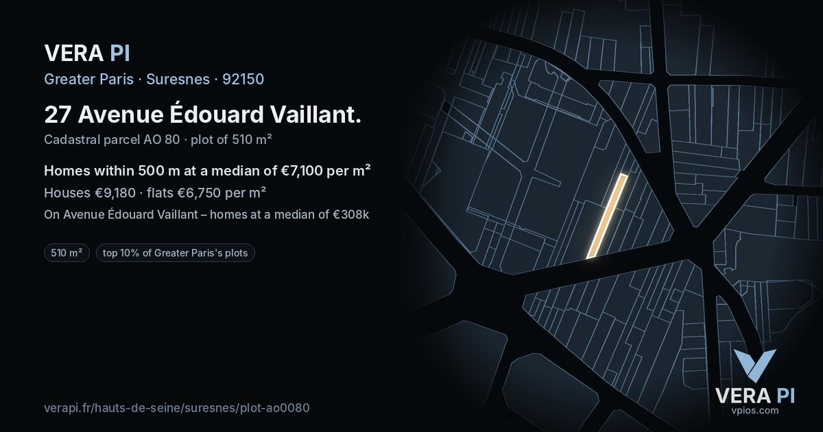 27 Avenue Édouard Vaillant, Suresnes at night – the plot lit, the parcels around coloured by the prices near them