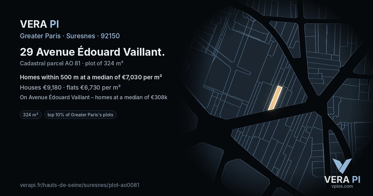 29 Avenue Édouard Vaillant, Suresnes at night – the plot lit, the parcels around coloured by the prices near them