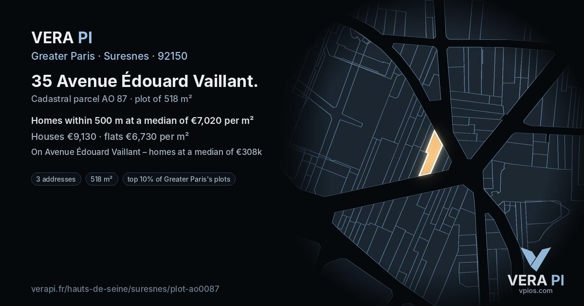 35 Avenue Édouard Vaillant, Suresnes at night – the plot lit, the parcels around coloured by the prices near them