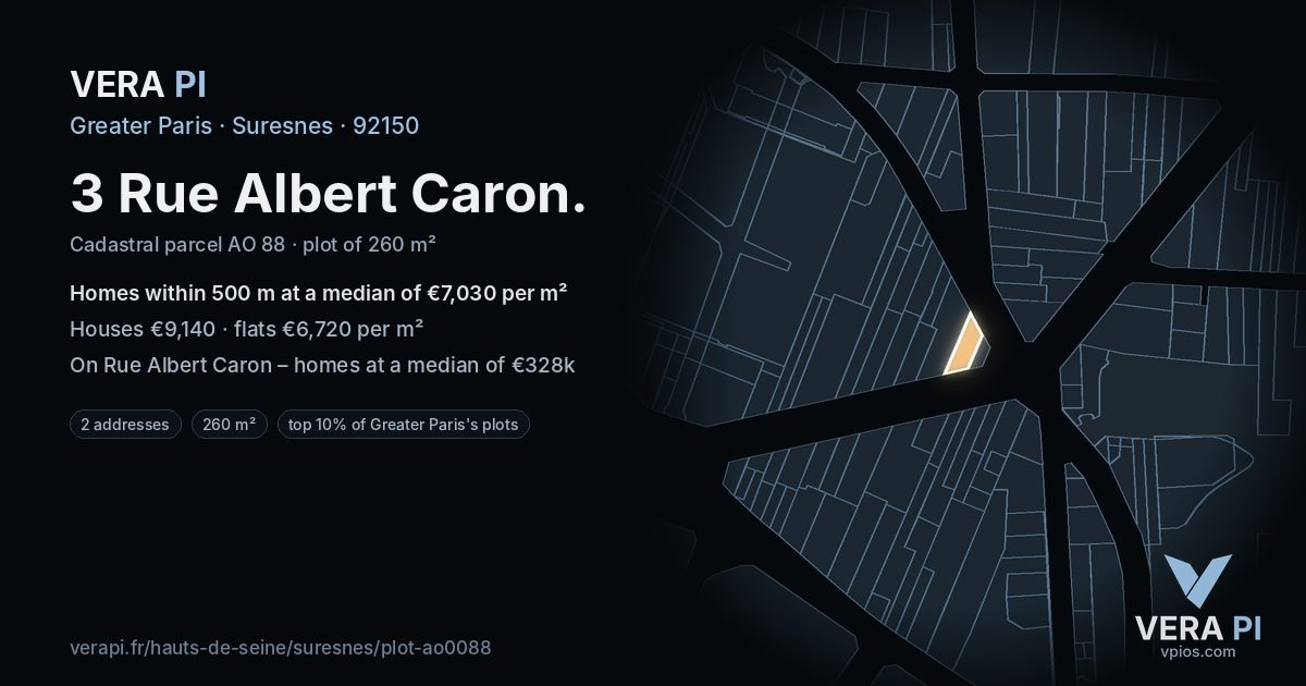 3 Rue Albert Caron, Suresnes at night – the plot lit, the parcels around coloured by the prices near them