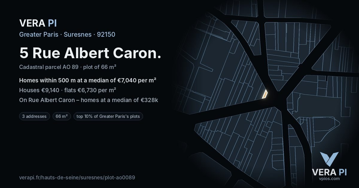 5 Rue Albert Caron, Suresnes at night – the plot lit, the parcels around coloured by the prices near them