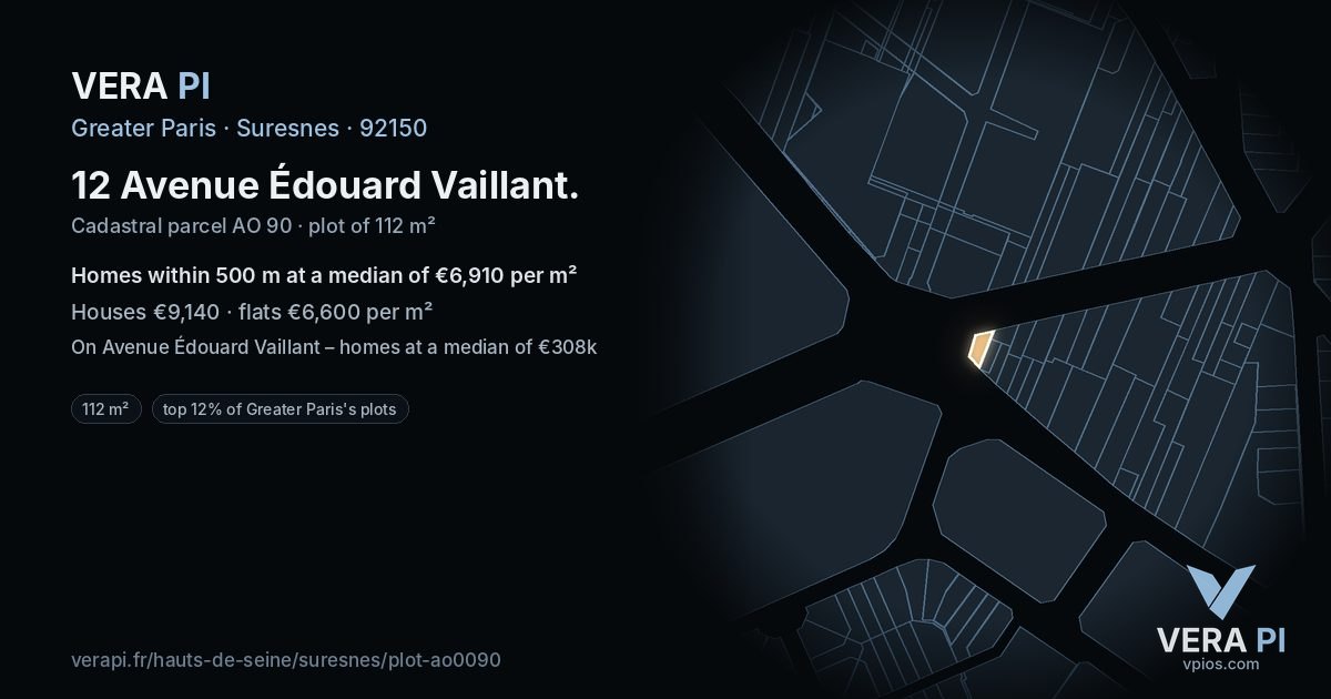 12 Avenue Édouard Vaillant, Suresnes at night – the plot lit, the parcels around coloured by the prices near them