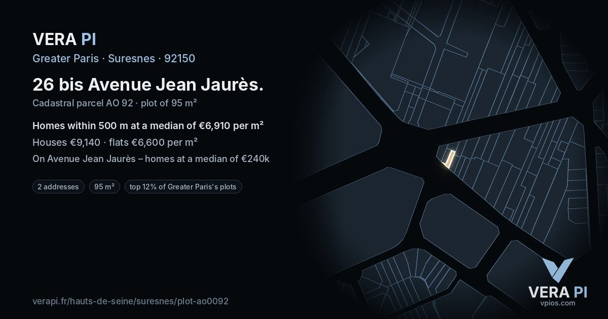 26 bis Avenue Jean Jaurès, Suresnes at night – the plot lit, the parcels around coloured by the prices near them