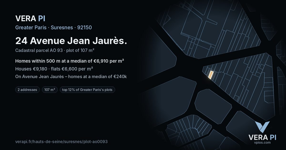 24 Avenue Jean Jaurès, Suresnes at night – the plot lit, the parcels around coloured by the prices near them