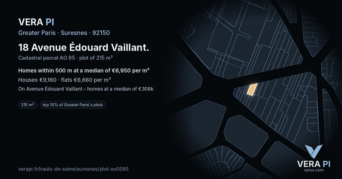 18 Avenue Édouard Vaillant, Suresnes at night – the plot lit, the parcels around coloured by the prices near them