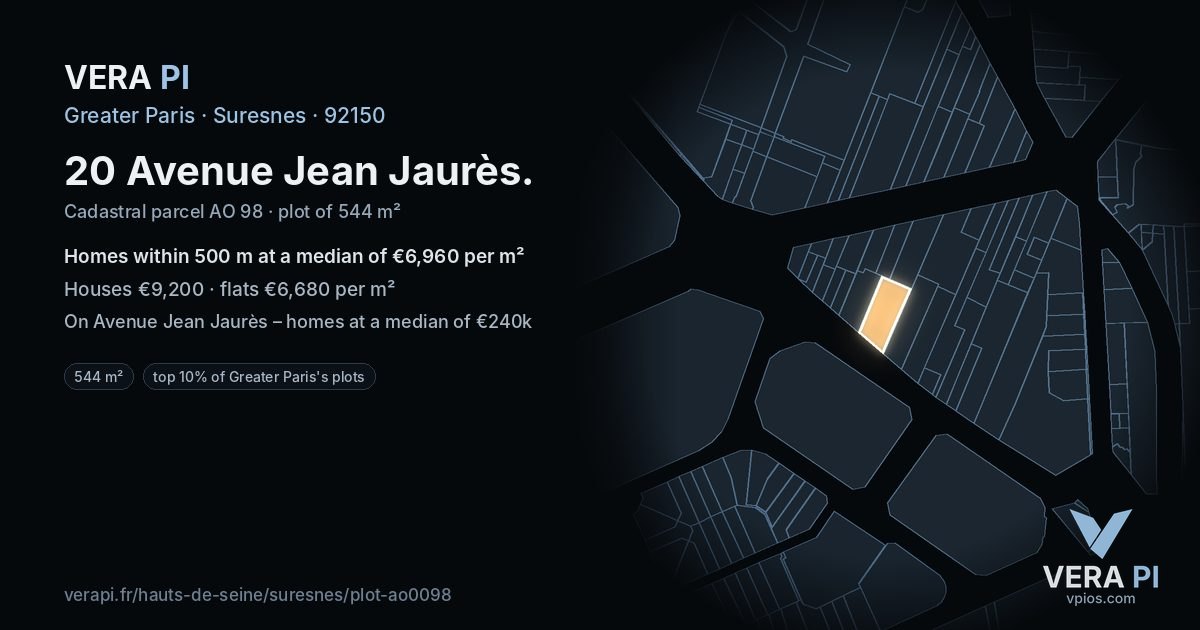 20 Avenue Jean Jaurès, Suresnes at night – the plot lit, the parcels around coloured by the prices near them