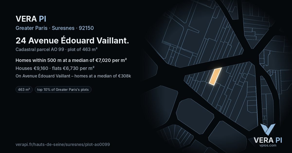 24 Avenue Édouard Vaillant, Suresnes at night – the plot lit, the parcels around coloured by the prices near them
