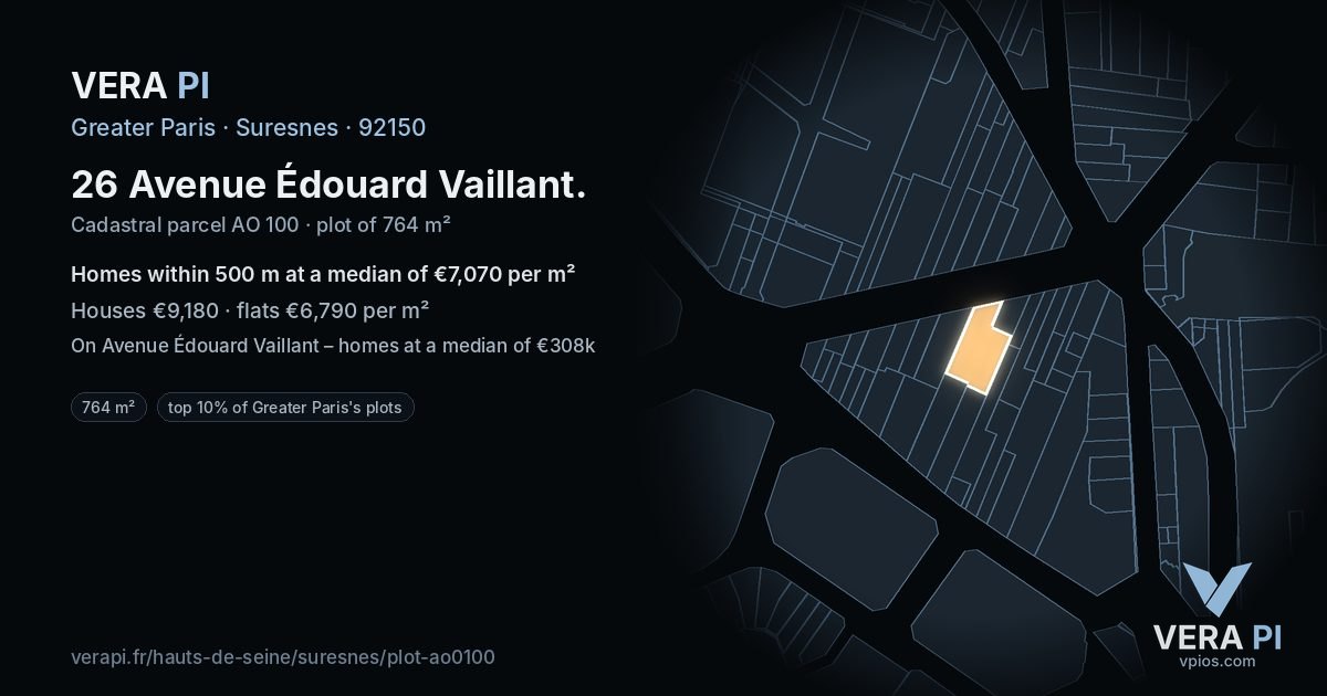 26 Avenue Édouard Vaillant, Suresnes at night – the plot lit, the parcels around coloured by the prices near them