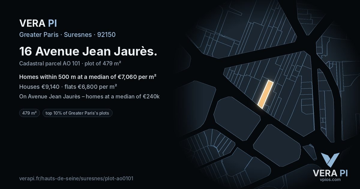 16 Avenue Jean Jaurès, Suresnes at night – the plot lit, the parcels around coloured by the prices near them
