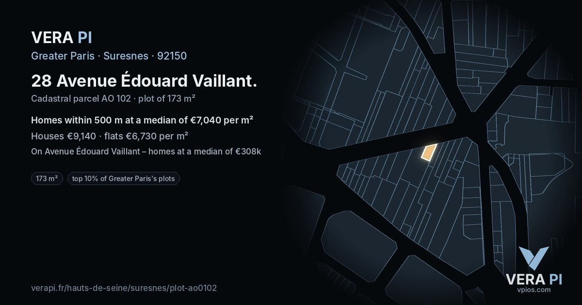 28 Avenue Édouard Vaillant, Suresnes at night – the plot lit, the parcels around coloured by the prices near them