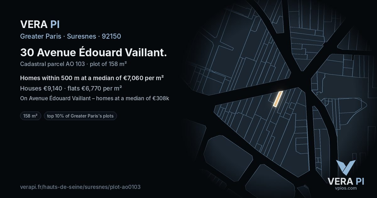 30 Avenue Édouard Vaillant, Suresnes at night – the plot lit, the parcels around coloured by the prices near them