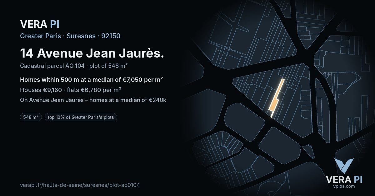 14 Avenue Jean Jaurès, Suresnes at night – the plot lit, the parcels around coloured by the prices near them