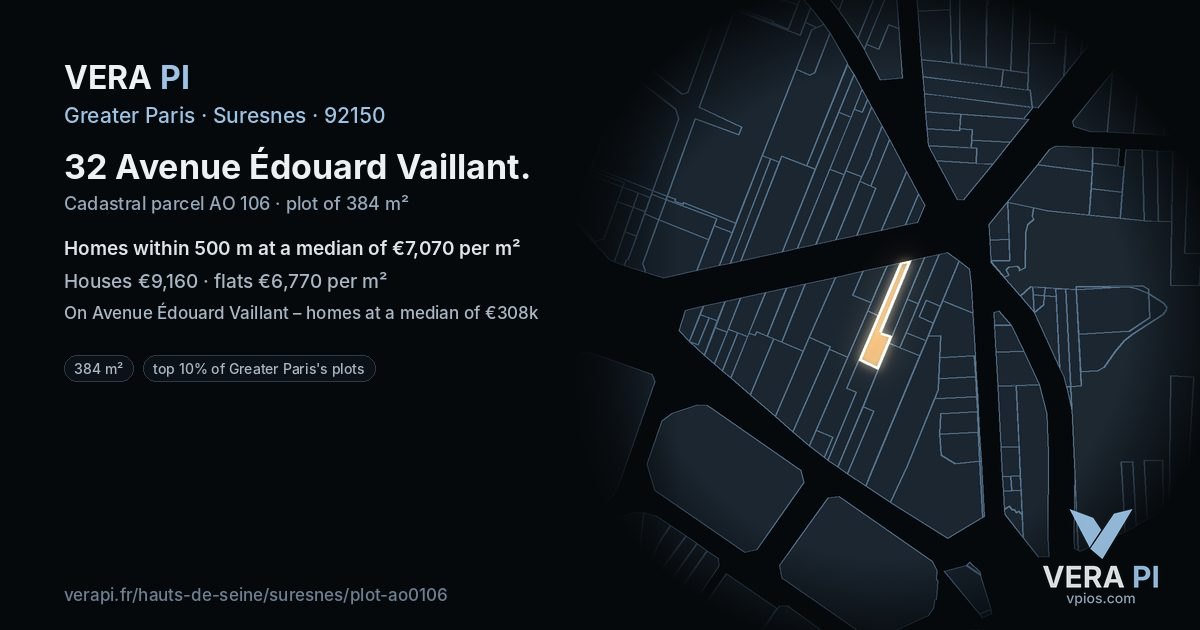 32 Avenue Édouard Vaillant, Suresnes at night – the plot lit, the parcels around coloured by the prices near them