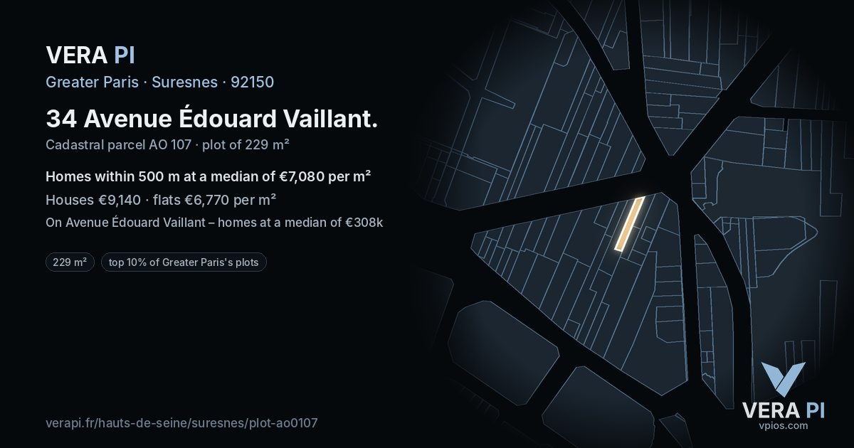 34 Avenue Édouard Vaillant, Suresnes at night – the plot lit, the parcels around coloured by the prices near them