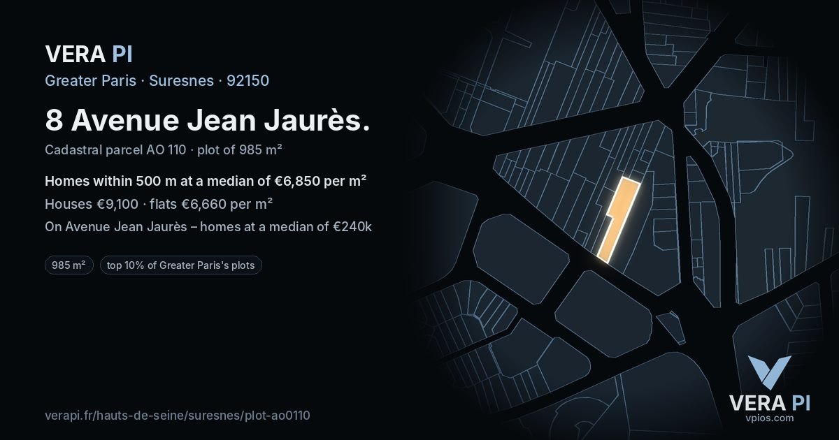 8 Avenue Jean Jaurès, Suresnes at night – the plot lit, the parcels around coloured by the prices near them