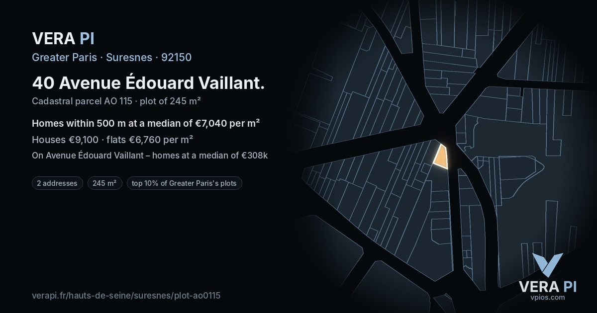 40 Avenue Édouard Vaillant, Suresnes at night – the plot lit, the parcels around coloured by the prices near them