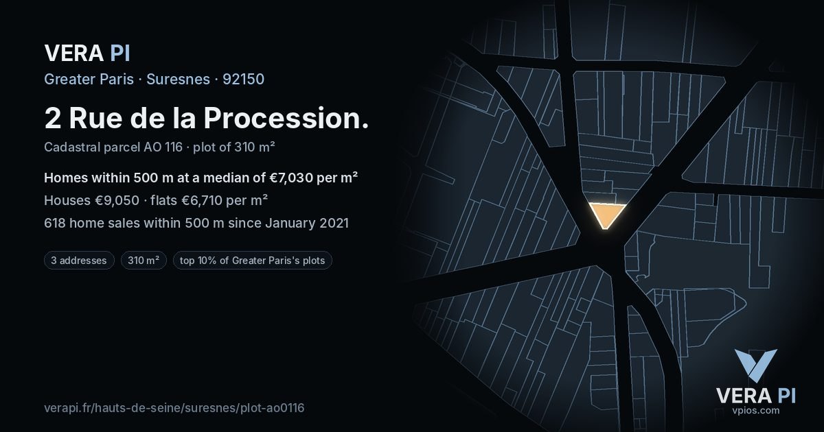 2 Rue de la Procession, Suresnes at night – the plot lit, the parcels around coloured by the prices near them