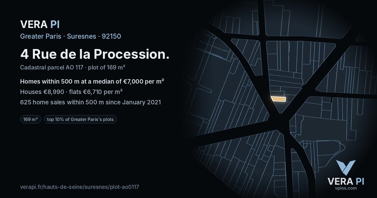 4 Rue de la Procession, Suresnes at night – the plot lit, the parcels around coloured by the prices near them