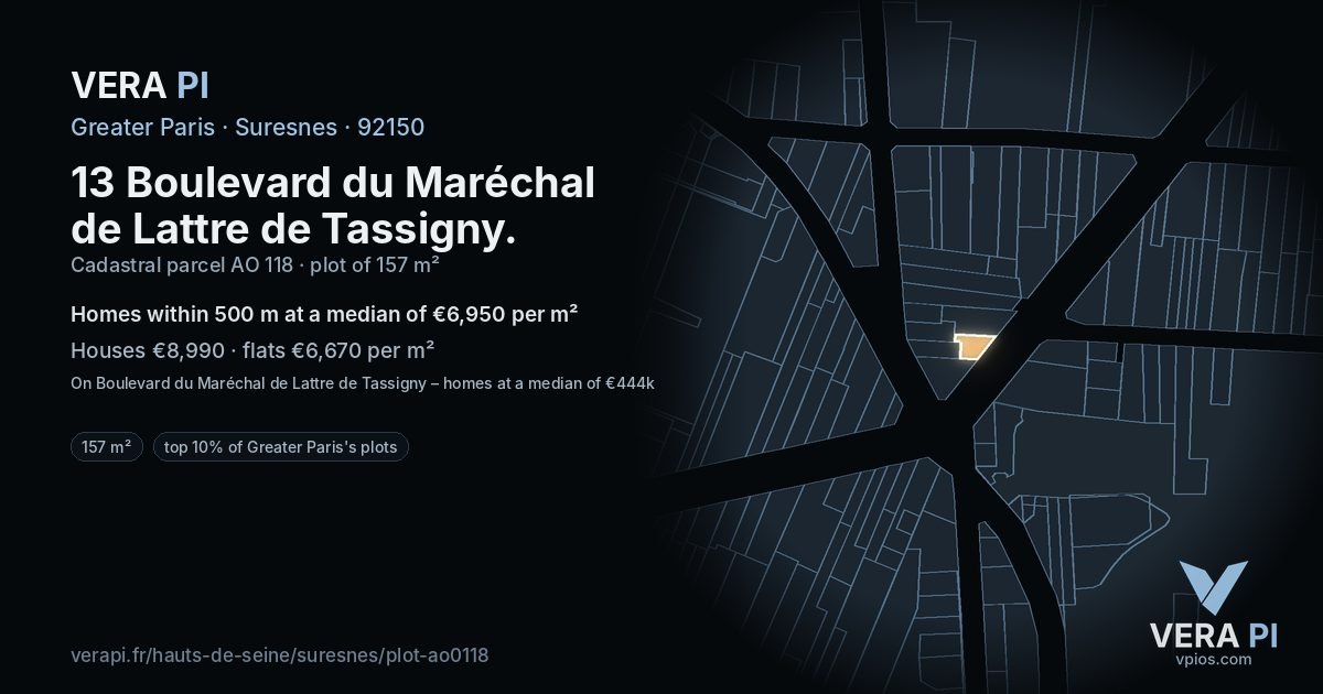 13 Boulevard du Maréchal de Lattre de Tassigny, Suresnes at night – the plot lit, the parcels around coloured by the prices near them