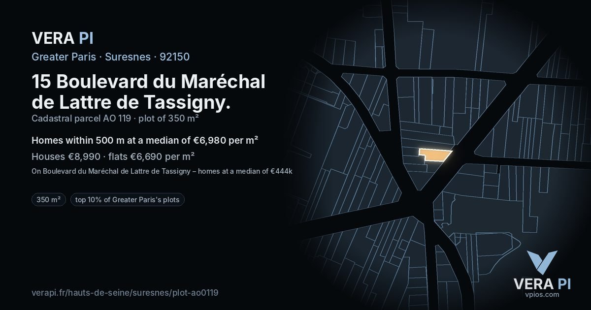 15 Boulevard du Maréchal de Lattre de Tassigny, Suresnes at night – the plot lit, the parcels around coloured by the prices near them