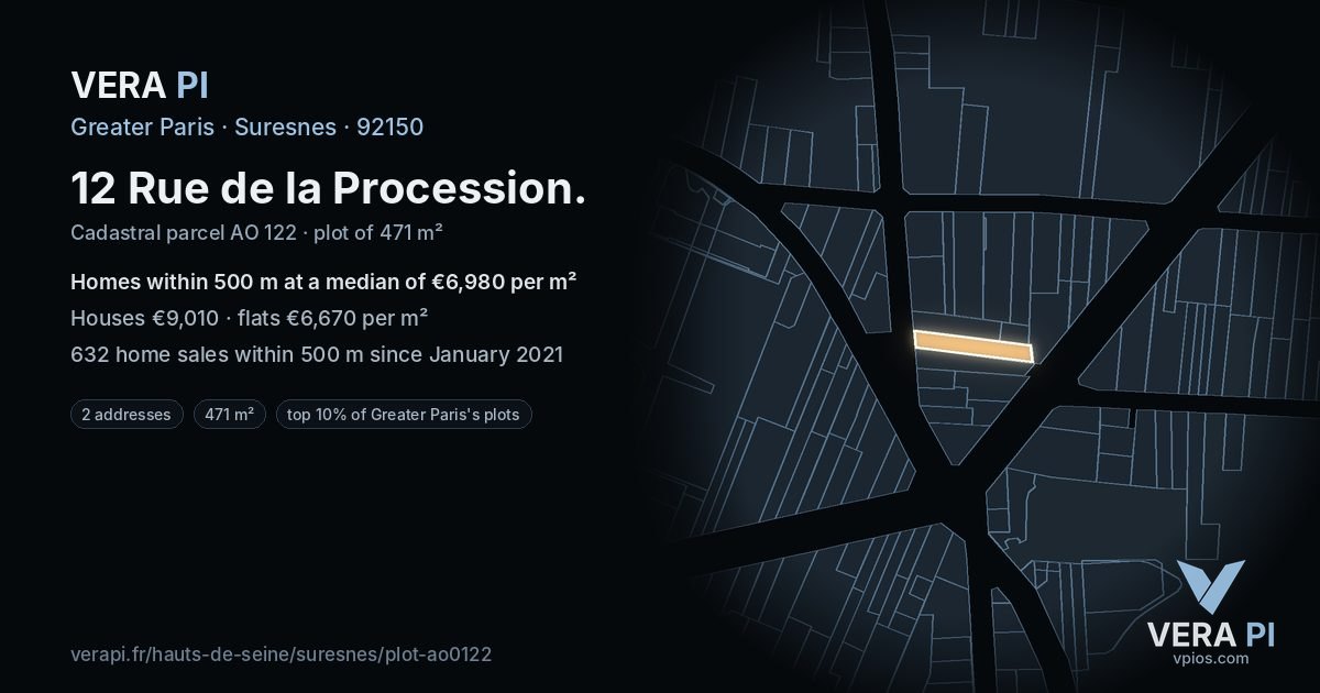 12 Rue de la Procession, Suresnes at night – the plot lit, the parcels around coloured by the prices near them