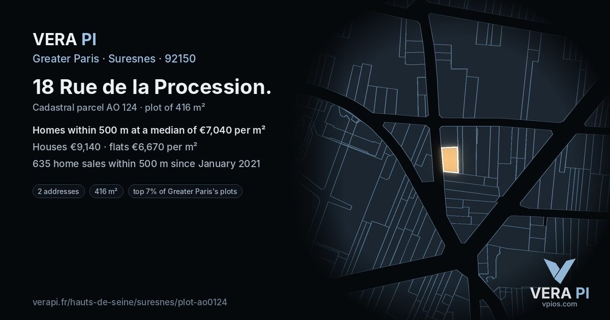 18 Rue de la Procession, Suresnes at night – the plot lit, the parcels around coloured by the prices near them
